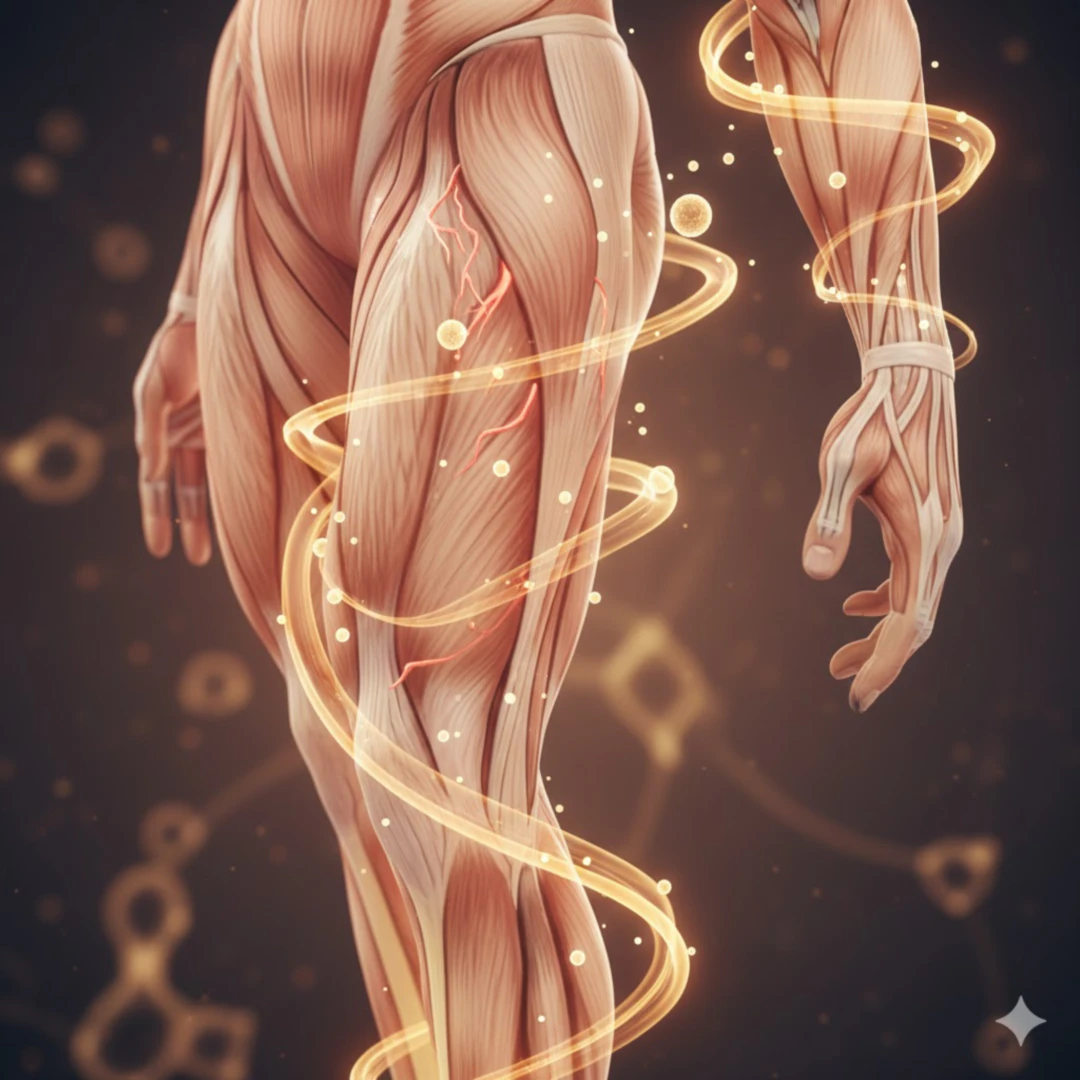 경직되어 있던 근육이 부드럽게 이완되는 과정을 묘사합니다. 수축되어 뭉쳐있던 근육 섬유들이 마그네슘 원자로 상징되는 작은 빛 알갱이들에 의해 서서히 풀리고 부드러워지는 모습입니다. 인체의 다리나 팔뚝 근육 부분을 확대하여 표현하고&amp;#44; 통증이 사라지며 편안해지는 듯한 움직임의 곡선을 추가합니다. 따뜻하고 부드러운 색감을 사용합니다. 