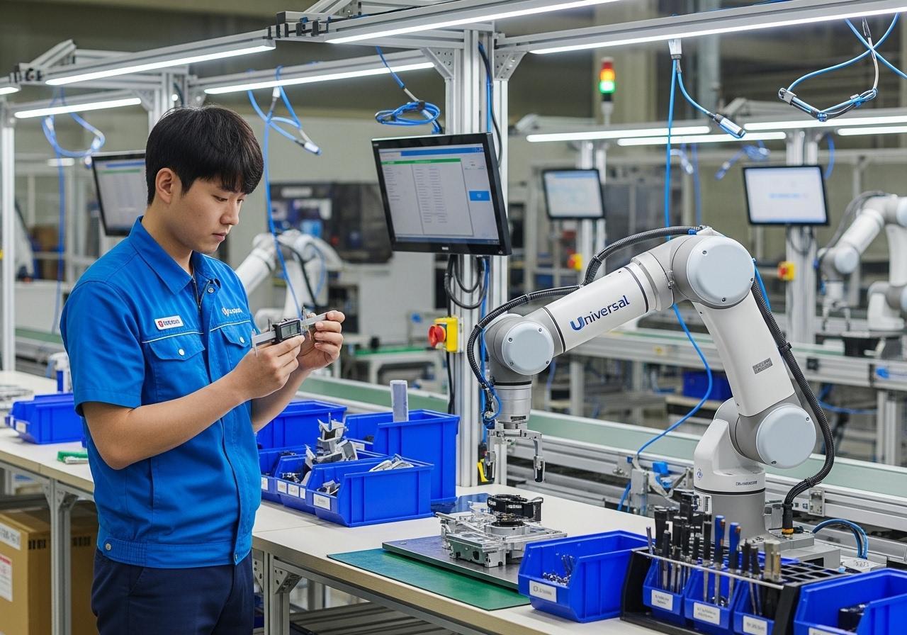 collaborating with a sleek, white collaborative robot arm (cobot) on an assembly line
