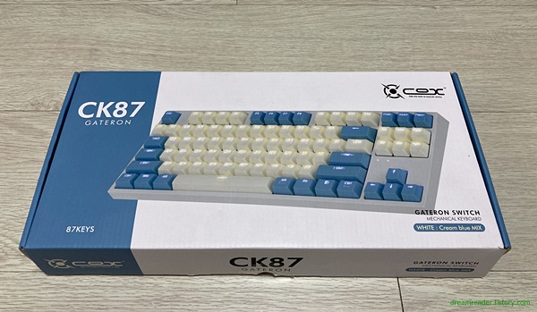 콕스(Cox) CK87 게이트론 LED 기계식 키보드(청축 텐키리스 크림블루) 박스