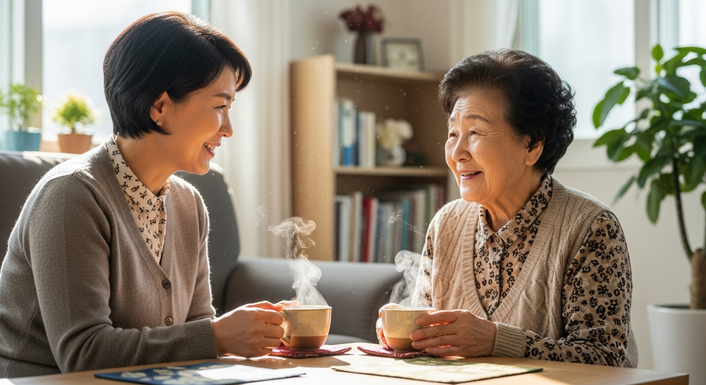 햇살 좋은 거실에서 50대 한국인 여성이 70대 노모와 함께 따뜻한 차를 마시며 미소 짓는 모습으로, 노부모 부양 특별공급을 상징합니다.
