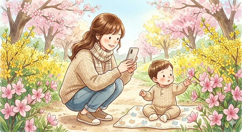 A mother crouching down to eye level with her baby near blooming spring flowers, taking a photo with her smartphone during a warm outdoor outing.