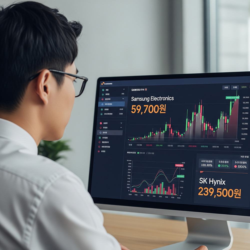 삼성전자와 SK하이닉스 주가 상승 상황을 모니터링하는 모습