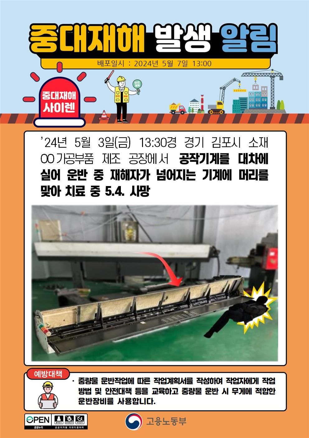 공작기계를 대차로 운반 중 넘어지는 공작기계에 머리를 맞음