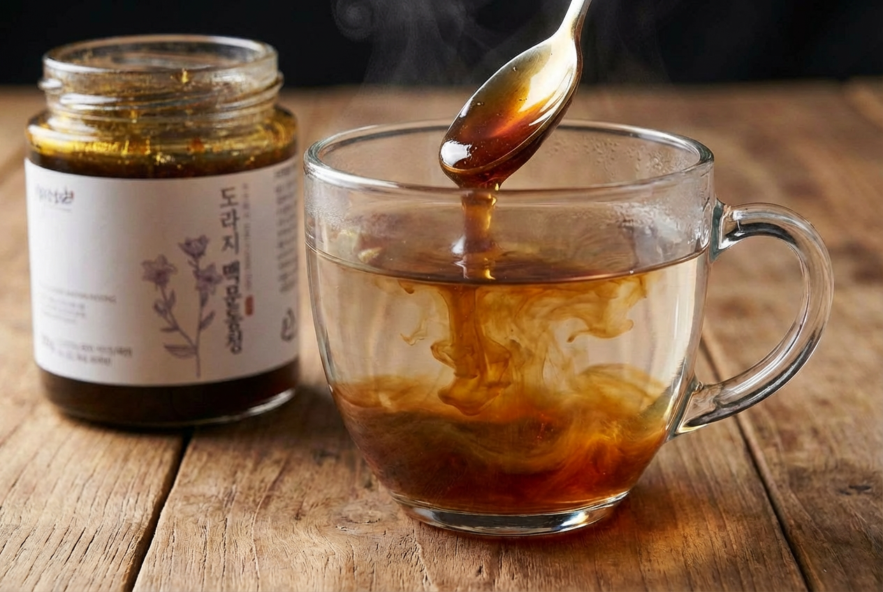 따뜻한 물이 담긴 투명 컵에 시럽이 천천히 풀어지며 색이 퍼지는 장면. 농도 조절이 쉬운 &lsquo;청 타입&rsquo; 특징을 시각화.