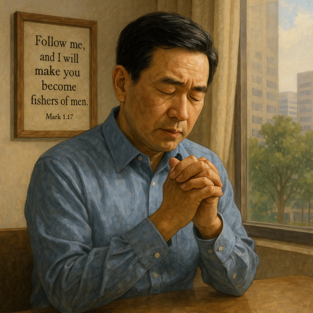 막 1:17 말씀을 보며&amp;#44; 저도 제가 살아가는 삶 속에서 사람을 낚는 어부로서 이러한 사역의 중요성을 깨닫고 힘 있게 살아가는 삶이 되기를 간절히 기도합니다. 제가 오늘도 사람을 낚는 어부로 주님께서 부르셨음을 기억하며 기도하는 시간을 갖는 모습입니다.