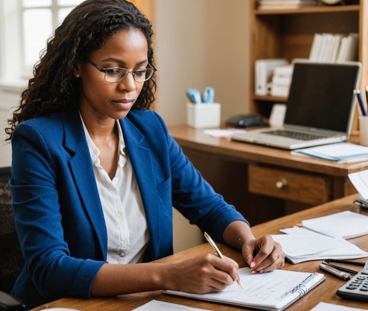 서류와 노트를 활용해 업무 일지를 작성 중인 사회복지사