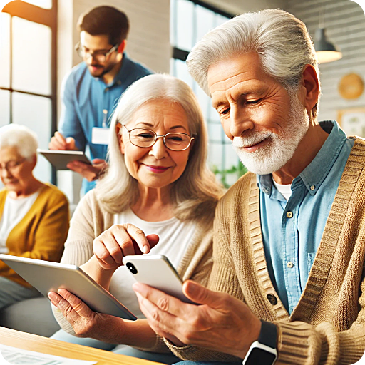 노년층이 스마트폰과 태블릿을 사용하는 장면