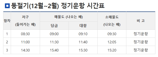 동절기 기간 하루 3번 운행하는 여객선 시간 안내표
