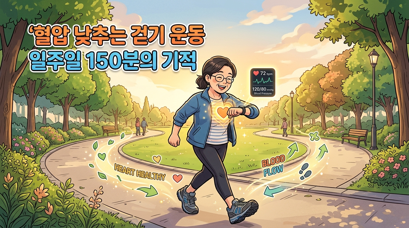 편안한 운동화를 신고 공원을 즐겁게 걷는 모습. 스마트워치로 심박수를 확인하며 건강을 관리하는 건강한 모습과 함께 '혈압 낮추는 걷기 운동', '일주일 150분의 기적'이라는 문구가 적혀 있어 걷기의 강압 효과와 꾸준함의 중요성을 시각화함.