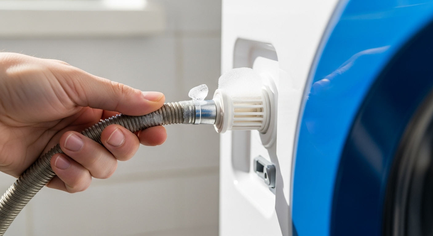 세탁기 급수 호스를 분리하여 필터에 얼음이 있는지 확인하는 모습. 호스가 뻣뻣하게 굳어있어 동결이 의심된다.