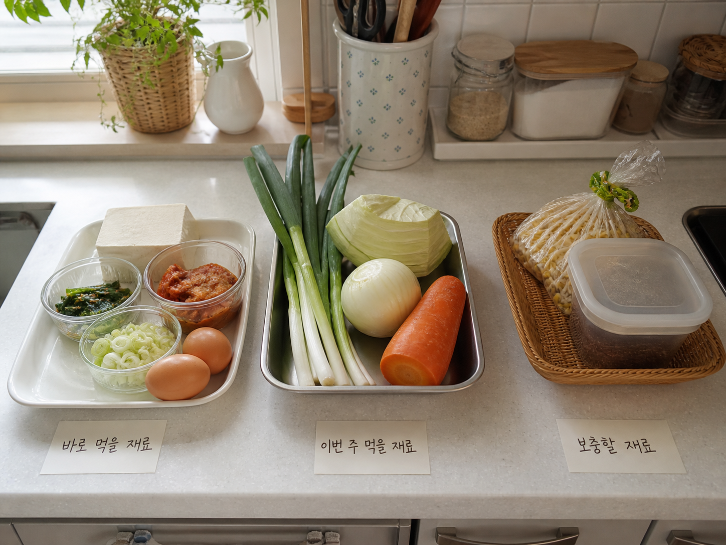 남은 식재료를 바로 먹을 재료와 보충할 재료로 나눈 모습