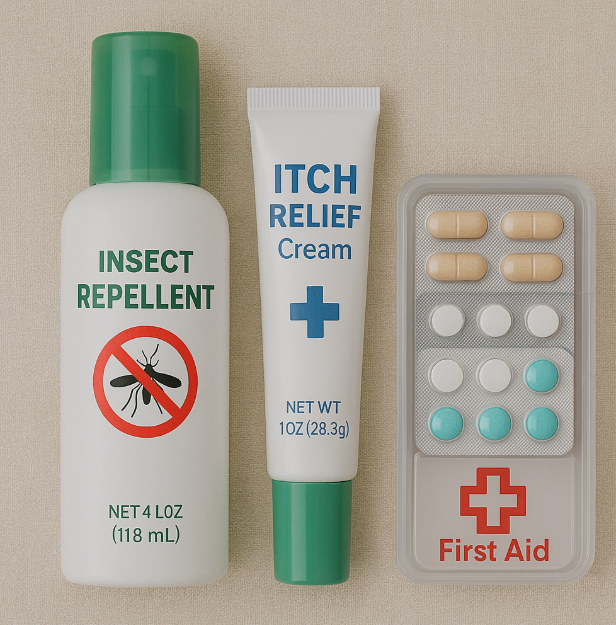 모기 기피제, 벌레 물린 후 바르는 연고, 기본 구급약(지사제, 진통제, 멀미약 등) 사진