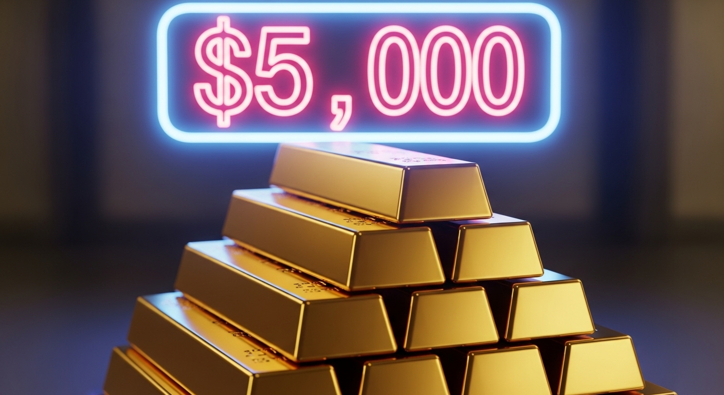 Stack of gold bars with '$5000' target glowing like a neon sign.