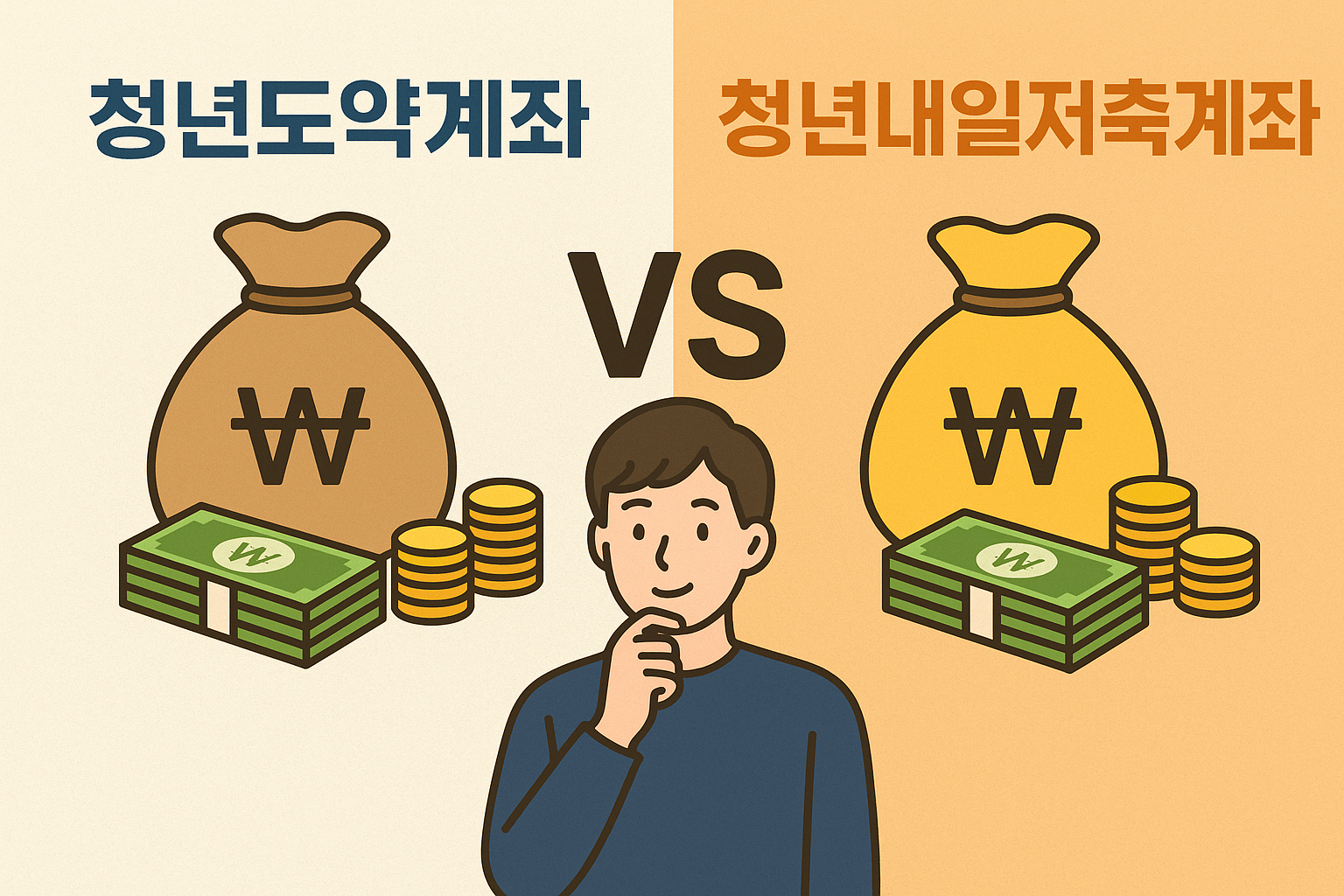 '청년도약계좌'와 '청년내일저축계좌'를 비교하는 정보 이미지. 중앙에는 고민하는 듯한 남성 캐릭터가 있고, 좌측에는 '청년도약계좌', 우측에는 '청년내일저축계좌'가 제목으로 쓰여 있습니다. 두 계좌 모두 원화 자루, 지폐, 동전 이미지와 함께 표시되어 있습니다.
