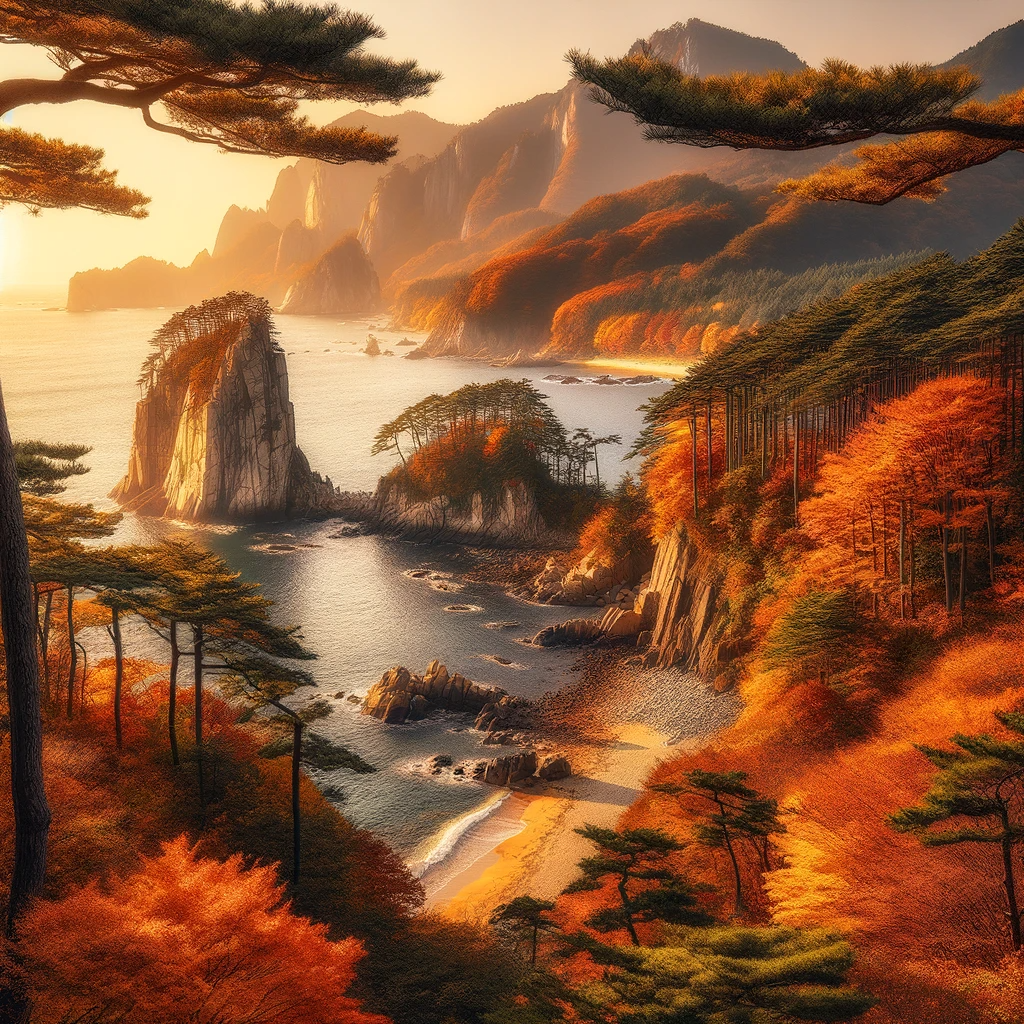 울산 대왕암공원의 가을 풍경, 해안가의 바위와 소나무 숲이 단풍으로 물든 모습.