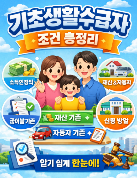 기초생활수급자 조건 총정리! 재산 기준&middot;자동차 기준&middot;신청방법까지