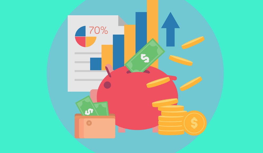 돼지저금통, 차트 등이 있는 일러스트