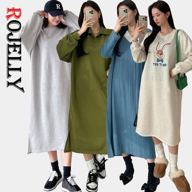 빅사이즈 원피스 기모 여성 니트 원피스 후드 카라 브이넥 롱 면 무지 루즈 77 88