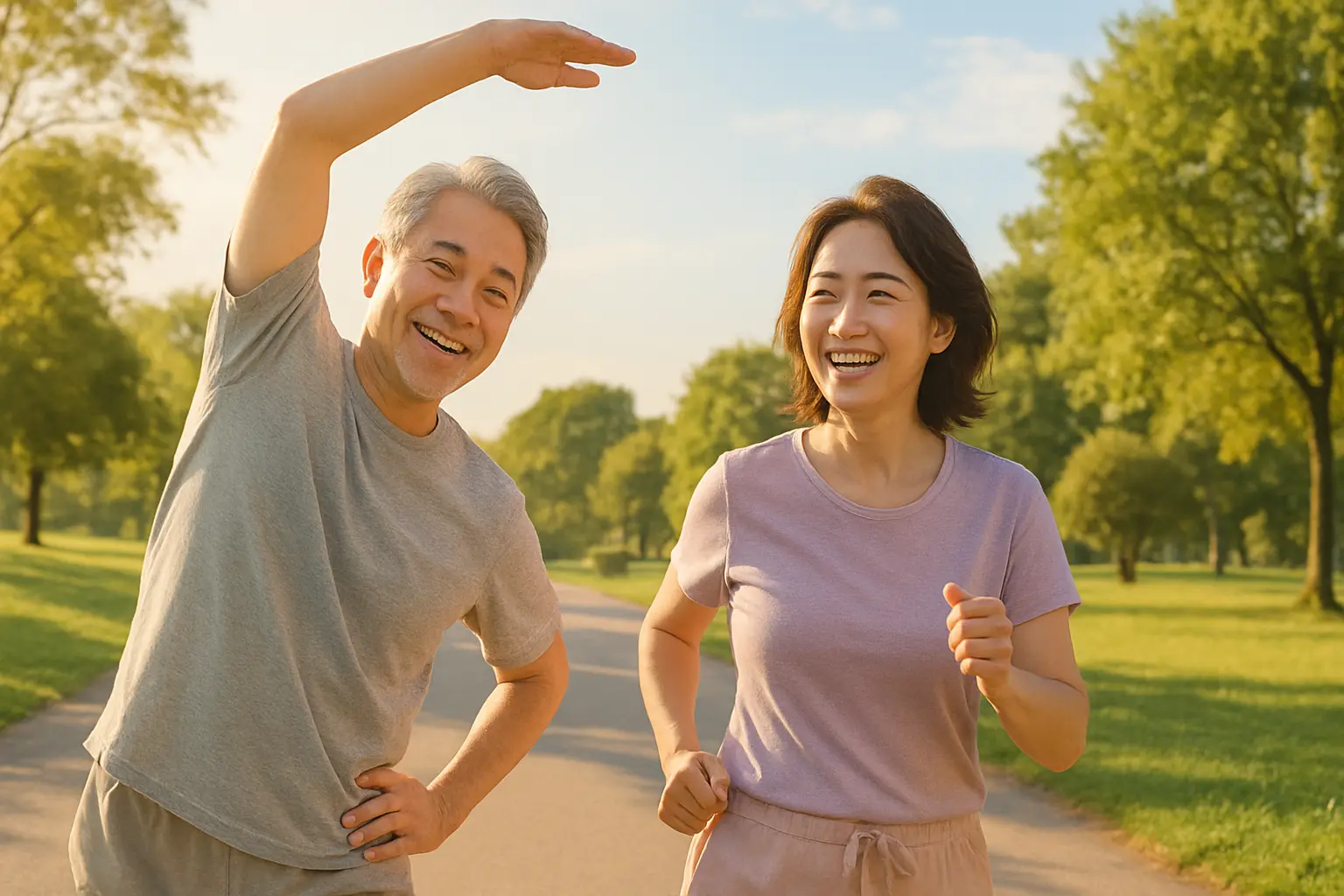 아보하 실천법, 5060 평범한 하루 건강을 위한 부부의 아침운동 장면