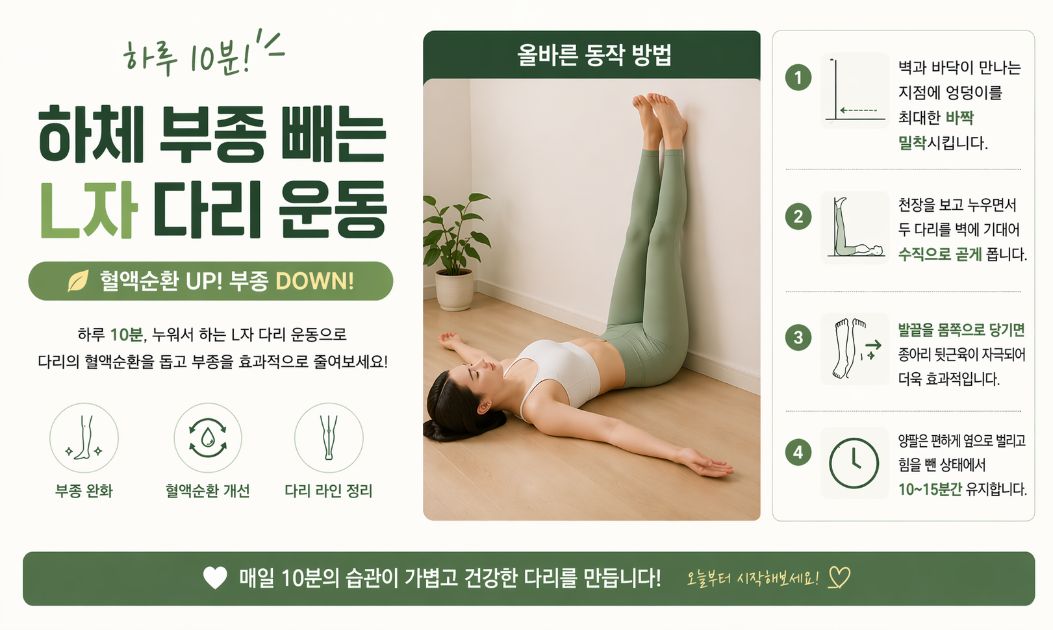 벽에 엉덩이를 밀착하고 다리를 수직으로 올린 L자 다리 정석 자세와 단계별 실천 루틴을 설명하는 하체 부종 제거 썸네일 이미지