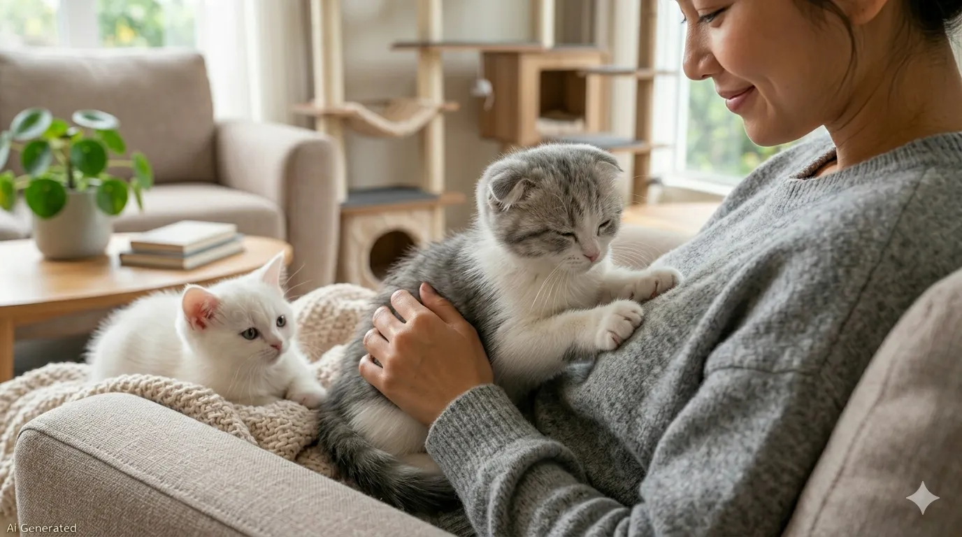 주인의 무릎 위에서 꾹꾹이를 하며 애교를 부리는 회색 무늬 스코티쉬폴드 고양이와 옆에서 지켜보는 하얀색 먼치킨