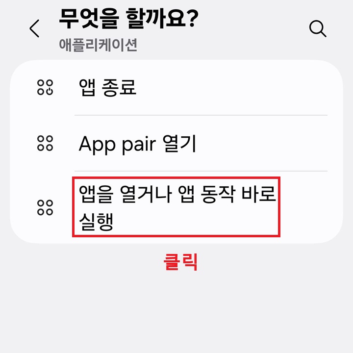 화면 하단에 앱을 열거나 앱 동작 바로 실행 메뉴 보임