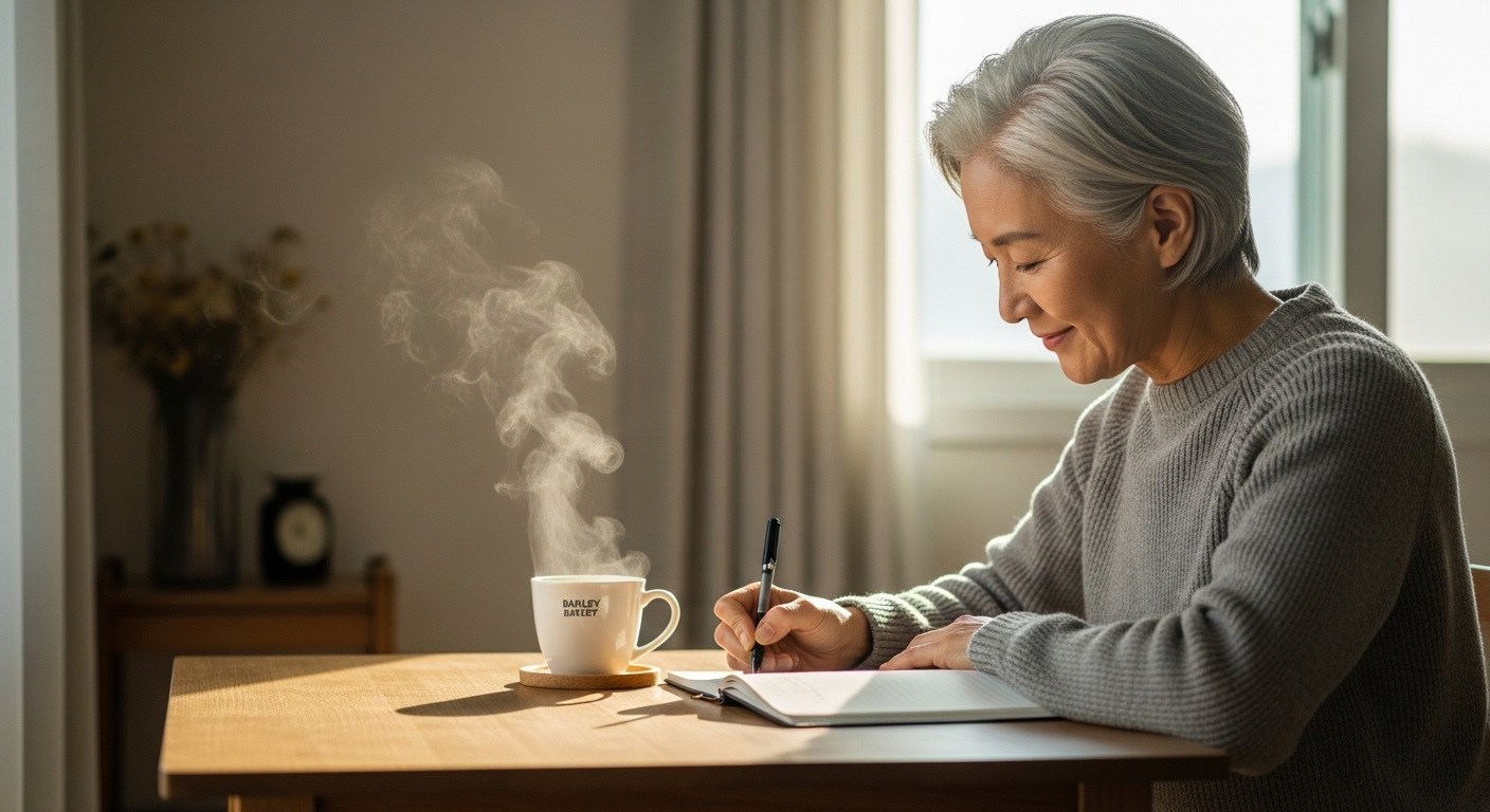 아침 햇살 아래 감사 일기를 쓰는 50대의 고요한 순간