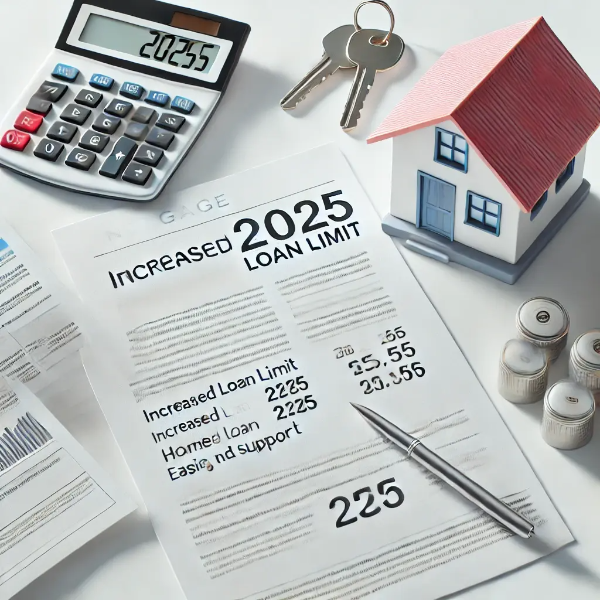 대출 한도 증액 문서, 계산기, 주택 모형, 열쇠가 밝은 배경에 정돈된 이미지, 주택담보대출 규제 완화 상징