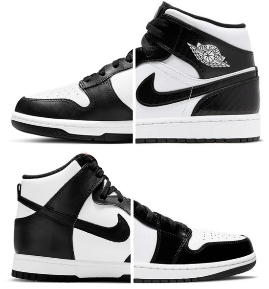 나이키 덩크와 에어조던 합성사진, 두 신발이 같은 컬러라면 사실상 에어조던 마크 외에는 차이점을 찾을 수 없다