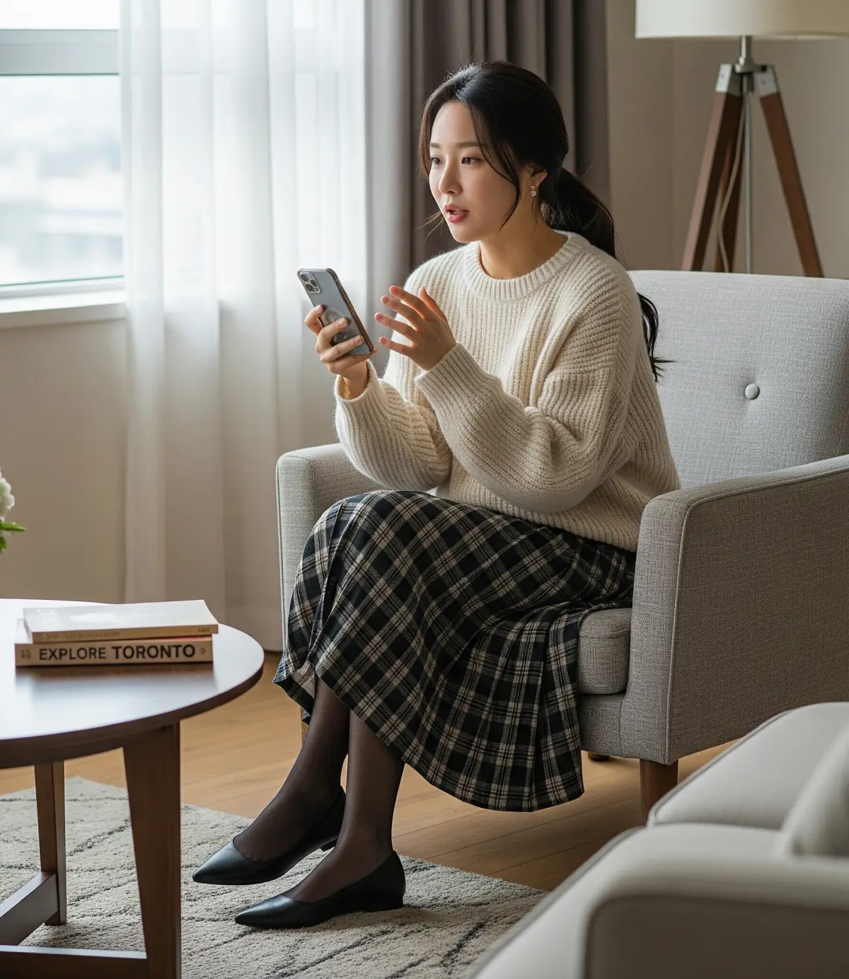 아늑한 거실에서 스마트폰 녹음 기능을 이용해 오픽 돌발 질문에 대한 스토리텔링을 자연스럽게 연습하고 있는 세련된 한국 여성.