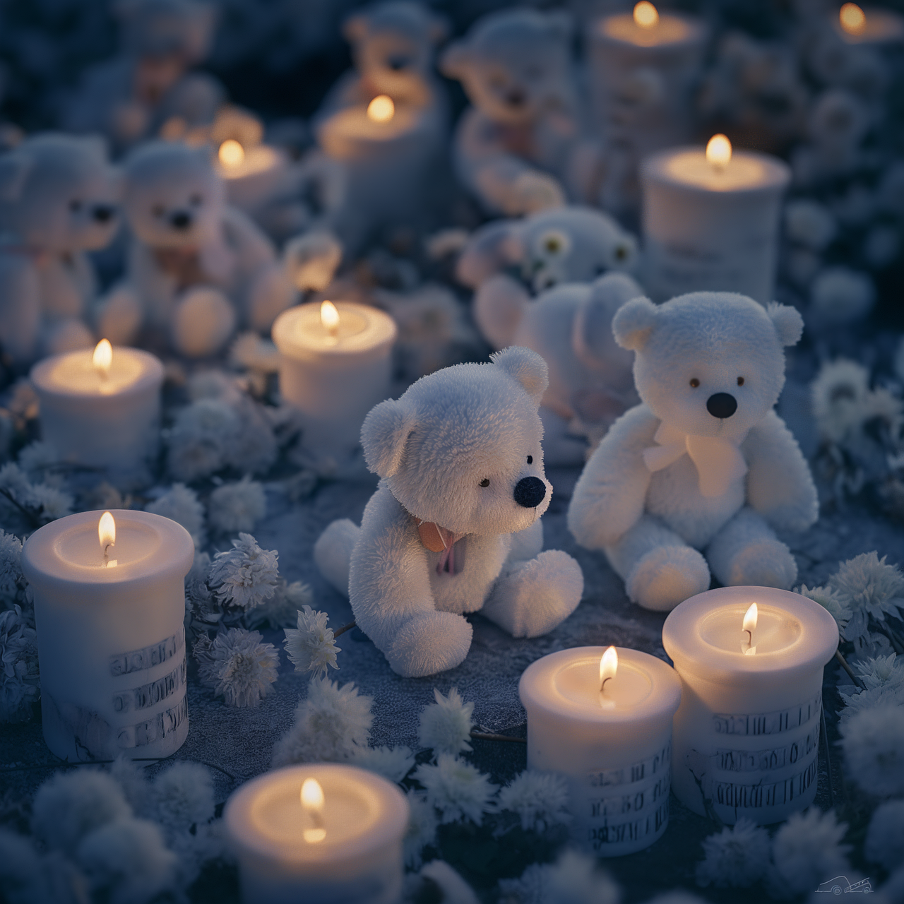 꽃과 촛불들 사이에 놓여있는 곰인형 2개 입니다.