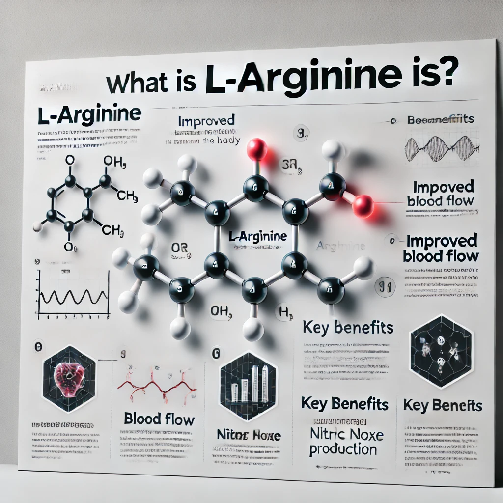 "L-아르기닌의 개념을 설명하는 교육용 인포그래픽, 아르기닌의 분자 구조 다이어그램과 주요 효능(혈류 개선, 산화질소 생성) 포함"