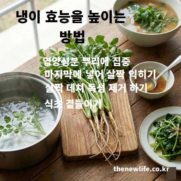 냉이 효능을 높이는 방법으로 뿌리 섭취, 살짝 익히기, 식초 활용법을 정리한 정보 이미지