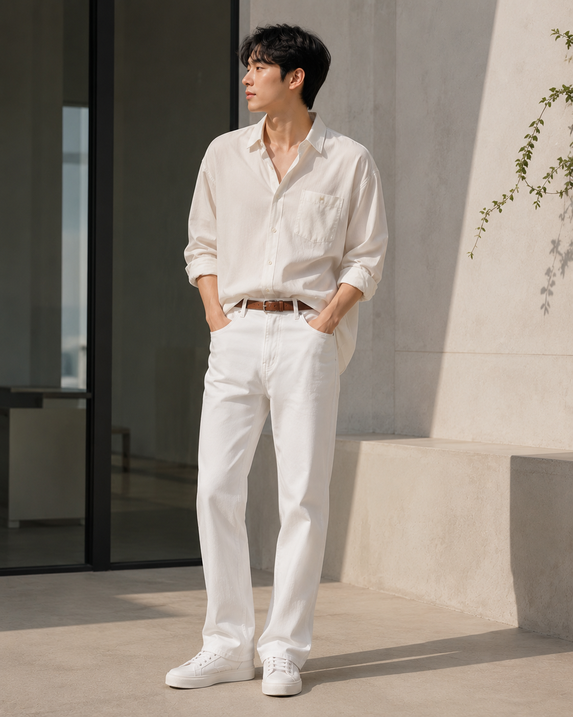 여름을 가장 시원하고 세련되게 입는 방법, [올화이트 미니멀룩] 패션스타일처럼 색과 아이템을 연결해 전체 착장을 정돈한 코디입니다.