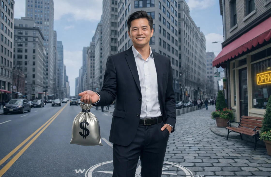 자활근로사업을 통해 성공적으로 자립하여 환한 미소를 짓는 사람의 모습. 한 손에 돈 가방을 들고 번화한 도시와 아늑한 상점 앞 갈림길에 서 있는 모습에서 경제적 독립과 희망찬 미래를 상징합니다.