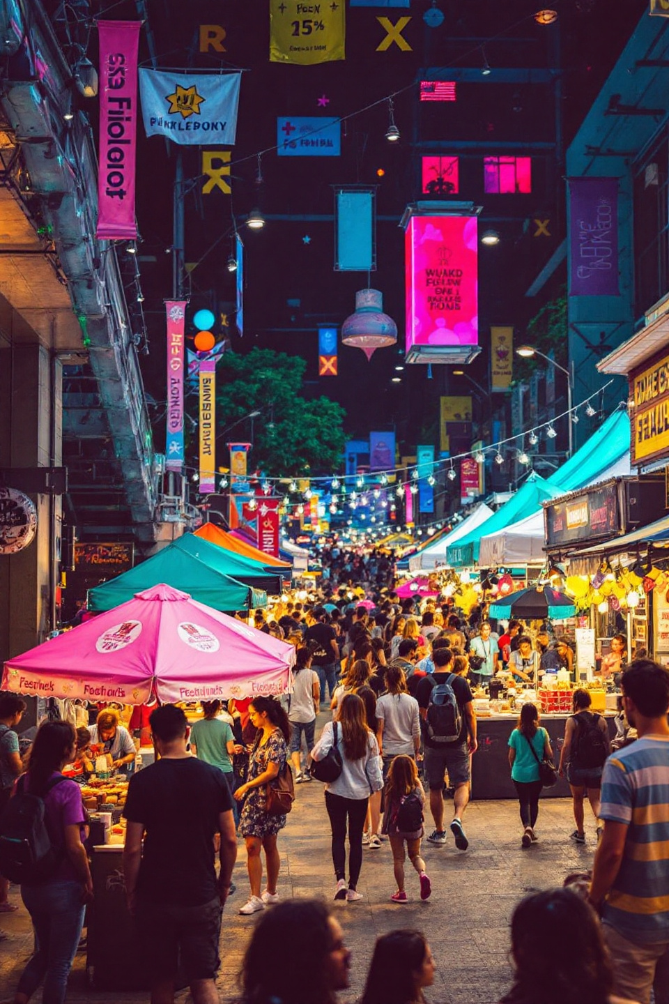 대학가 거리에 많은 음식 가판들이 늘어서 있고 많은 사람들이 다니면서 음식을 구경하고 사고 있는 이미지