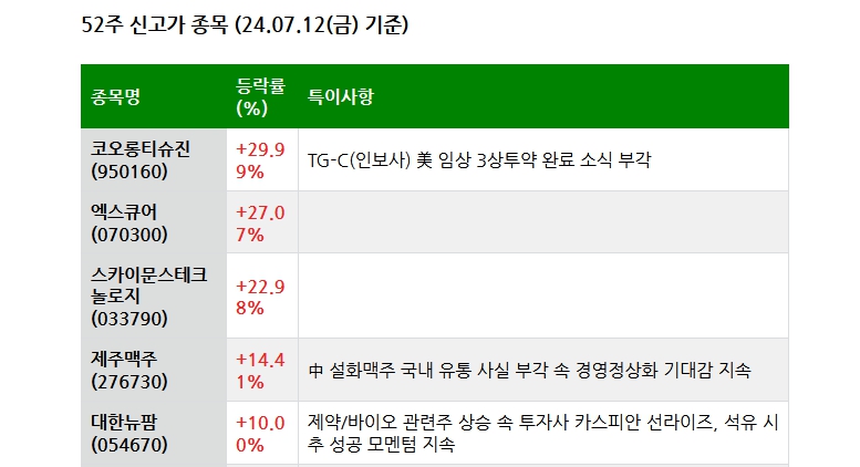 24.07.13(토) 52주 신고가 및 주간 기관 외국인 개인 순매수 상위종목