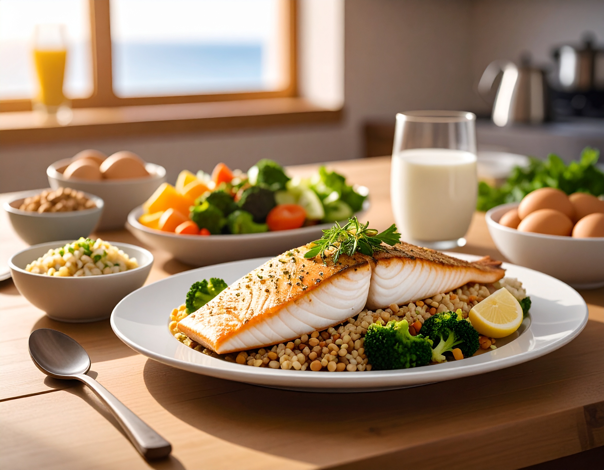 접시에 담긴 틸라피아와 잡곡, 브로콜리, 달걀, 채소와 함께 놓인 건강식 식단