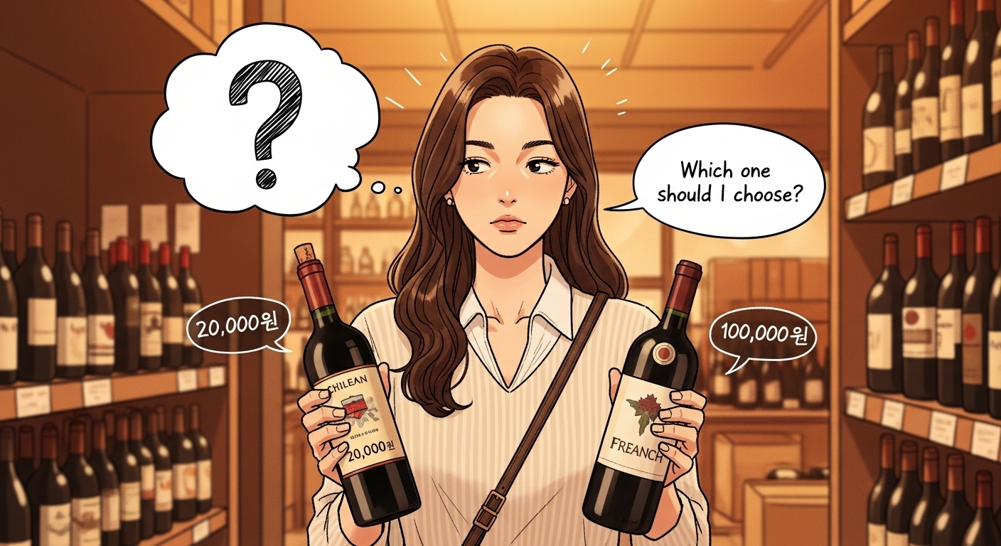 비싼 와인과 저렴한 와인 사이에서 고민하는 여성
