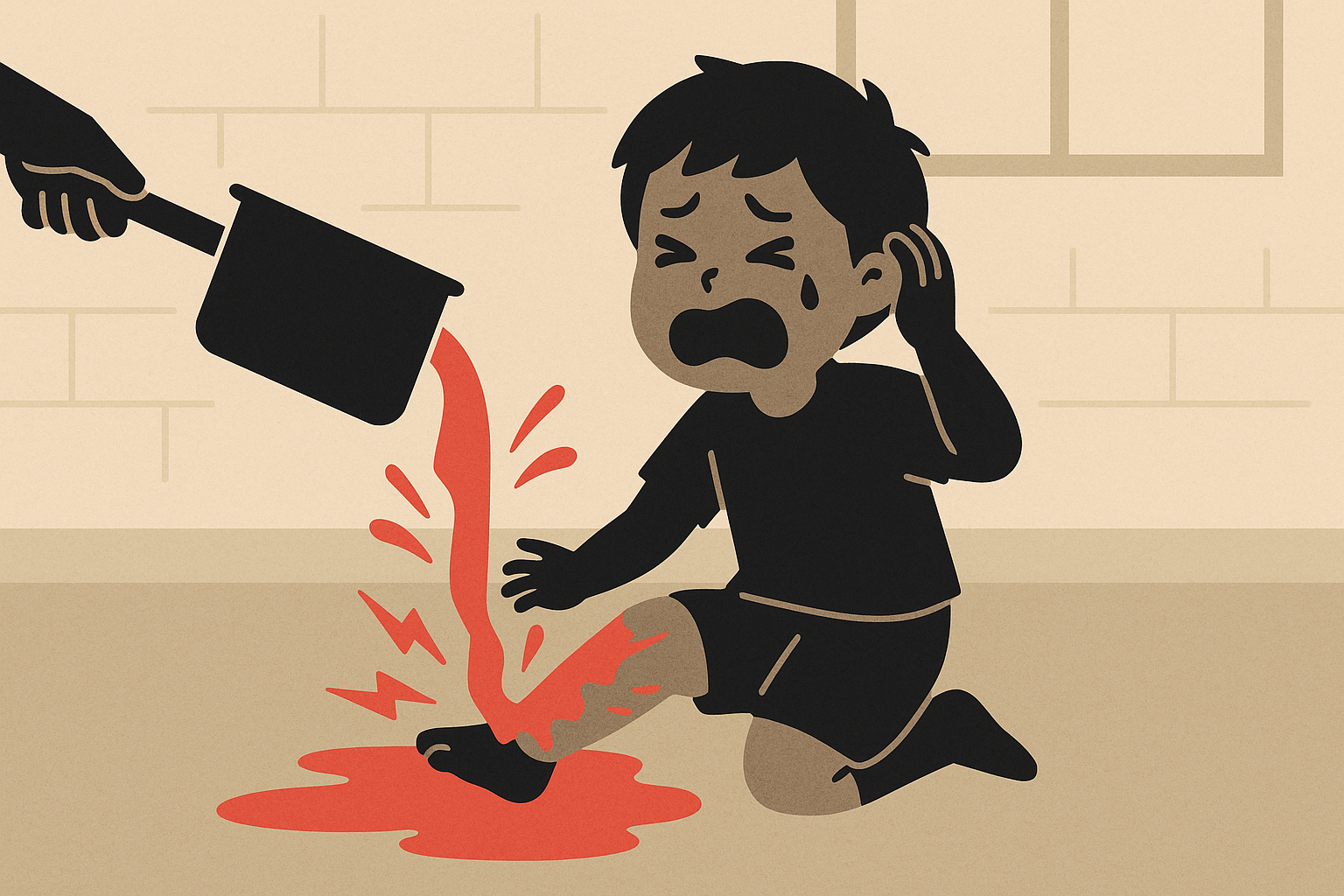 끓는 물에 다리를 데인 아이가 울고 있는 장면의 일러스트