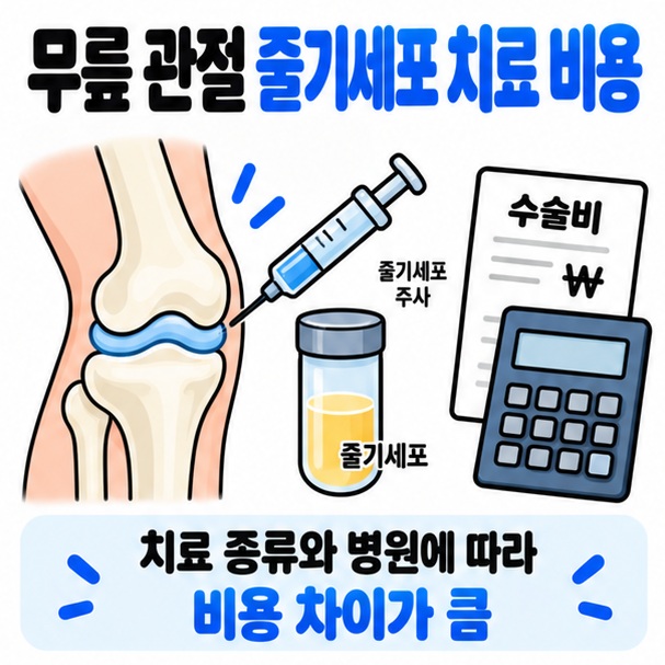 무릎 관절 줄기세포 치료 비용 문구와 무릎 관절 골수 주사 수술비 계산기 아이콘을 보여주는 차분한 대표 카드뉴스 이미지