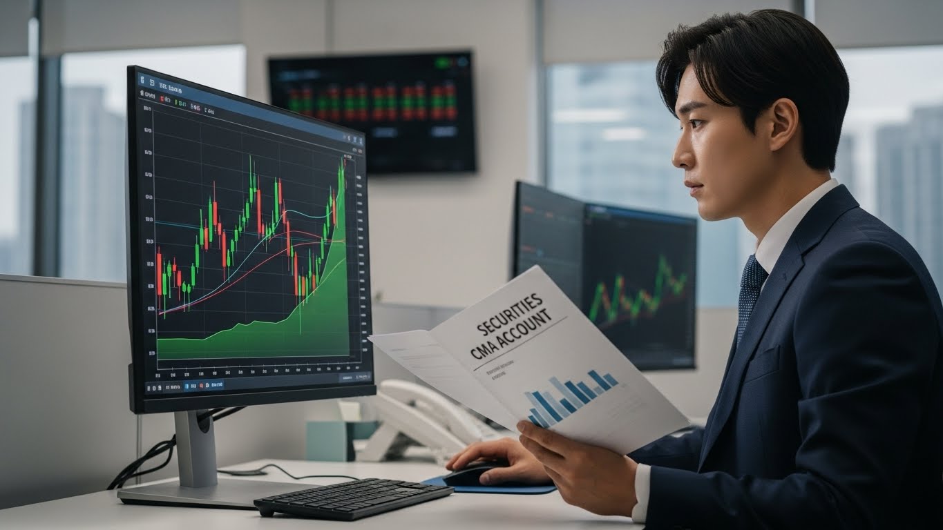 증권사 CMA 통장의 높은 수익률과 투자 연계성을 상징하는 증권맨의 모습