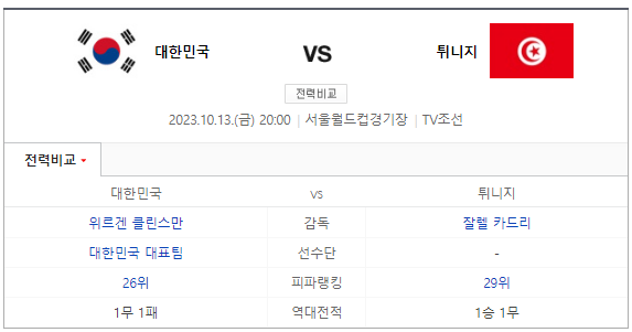 한국 튀니지 평가전 경기 일정