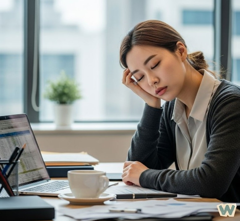 만성피로로 지친 여성 직장인이 사무실에서 손으로 이마를 짚고 피곤해하는 모습 via canva