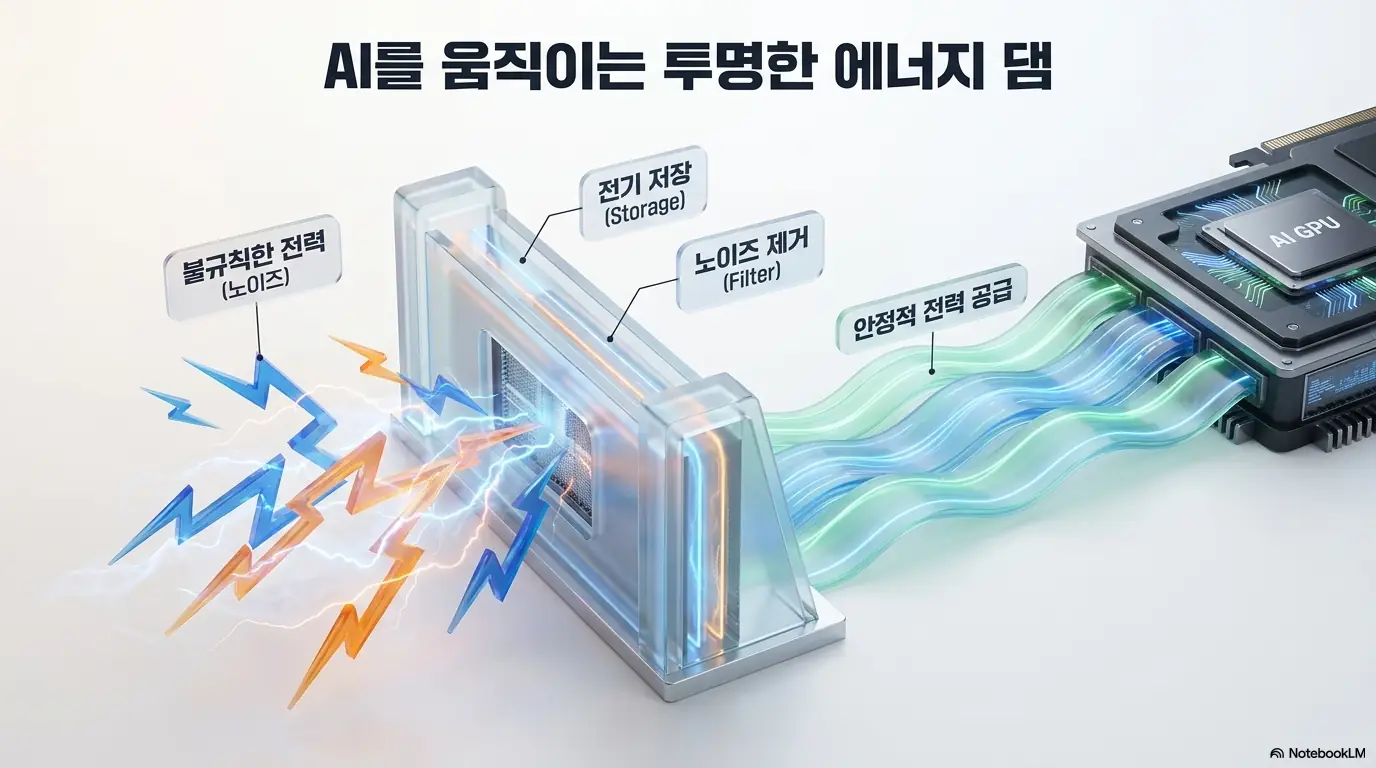 MLCC 관련주: MLCC가 반도체에 전기를 안정적으로 공급하는 원리를 표현한 이미지. 불규칙한 전력을 받아 전기를 저장하고 노이즈를 제거해 AI GPU에 안정적 전력을 공급하는 흐름이 그려져 있다. 이 이미지는 MLCC란 무엇인지와 적층세라믹커패시터의 역할을 시각적으로 전달하며&amp;#44; 블로그의 MLCC 뜻과 AI 서버 전력 공급 주제와 관련된 내용을 설명한다 