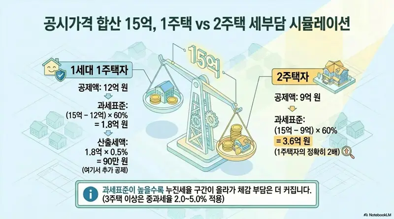 종부세 과세대상: 공시가격 합산 15억 원일 때 1주택자와 2주택자의 종부세 과세표준 차이를 저울 일러스트로 비교한 인포그래픽. 1주택자는 12억 공제로 과세표준 1.8억 원&amp;#44; 2주택자는 9억 공제로 과세표준 3.6억 원으로 정확히 2배 차이남을 보여주는 이미지