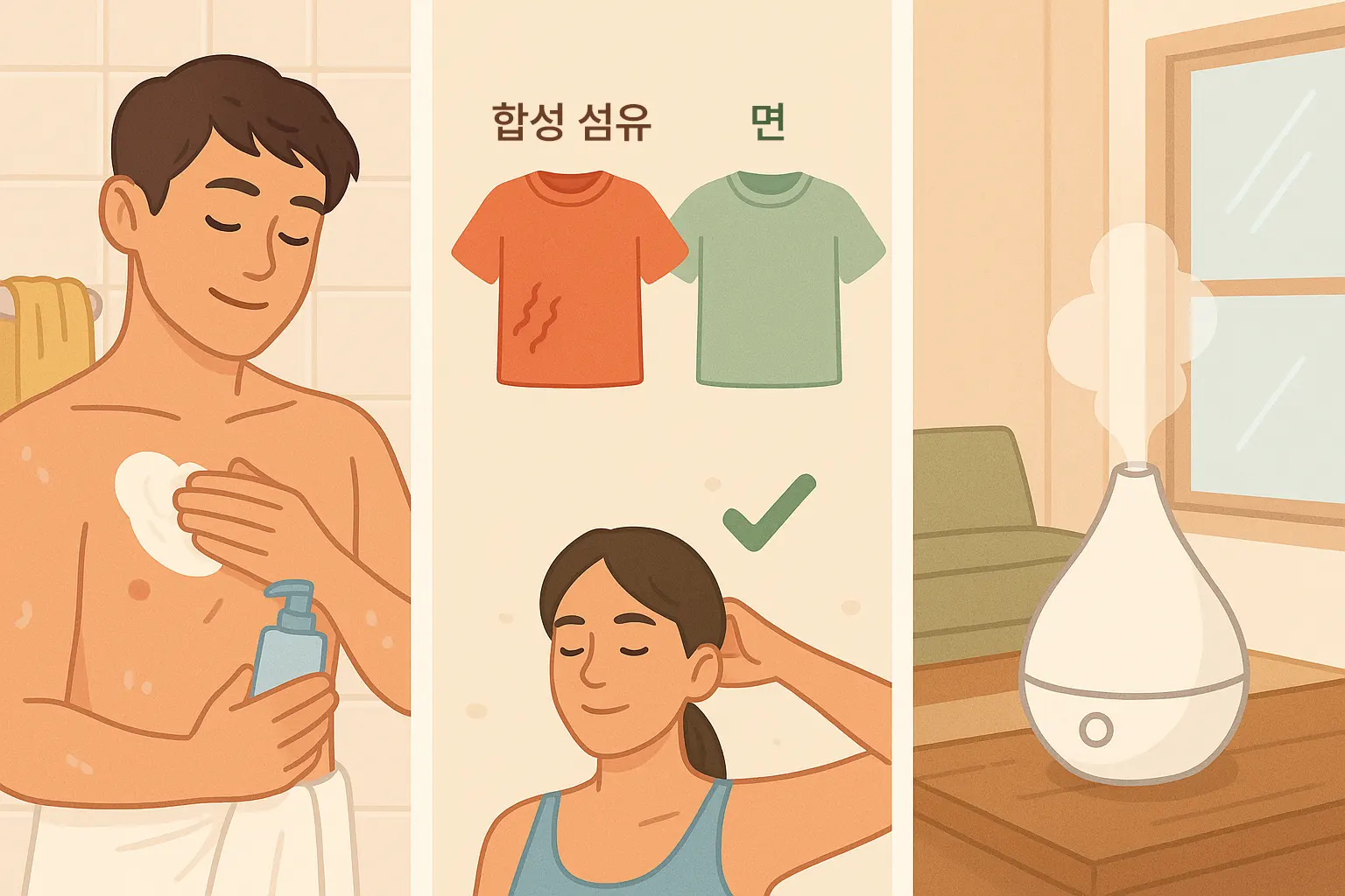 샤워 후 보습제를 바르는 사람, 피부에 자극을 줄 수 있는 합성 섬유 의류와 면 소재 의류를 비교하는 그래픽, 가습기를 사용 중인 실내 환경