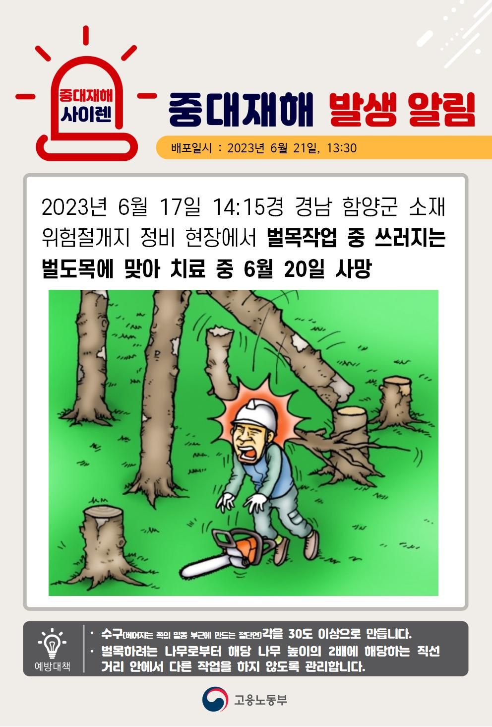 벌목 작업 중 쓰러지는 벌도목에 맞음