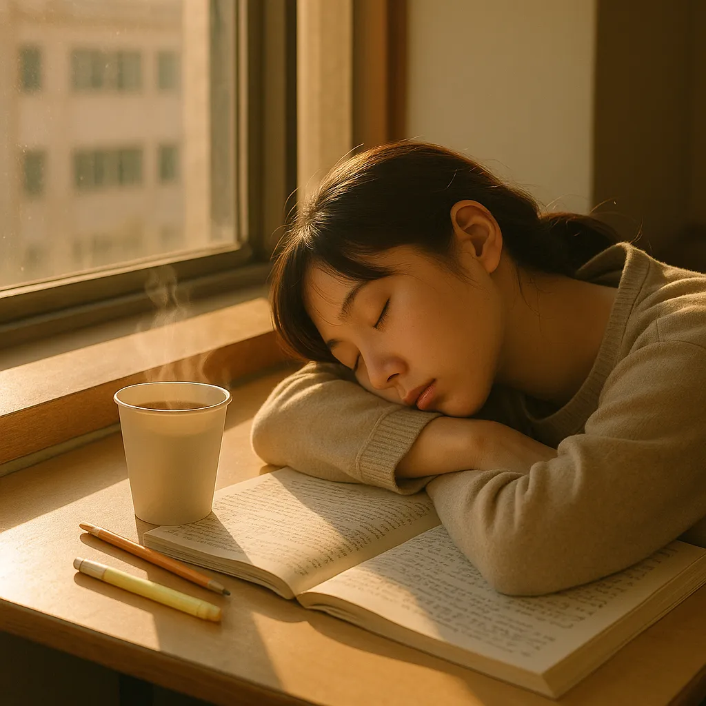 재수 학원 창가에서 잠든 학생과 옆에 놓인 김 나는 커피