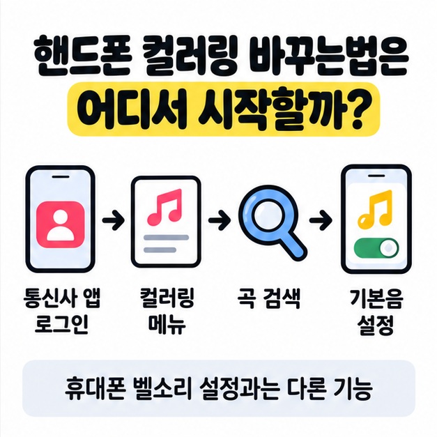 통신사 앱에서 곡을 검색하고 컬러링으로 설정하는 순서를 보여주는 그림
